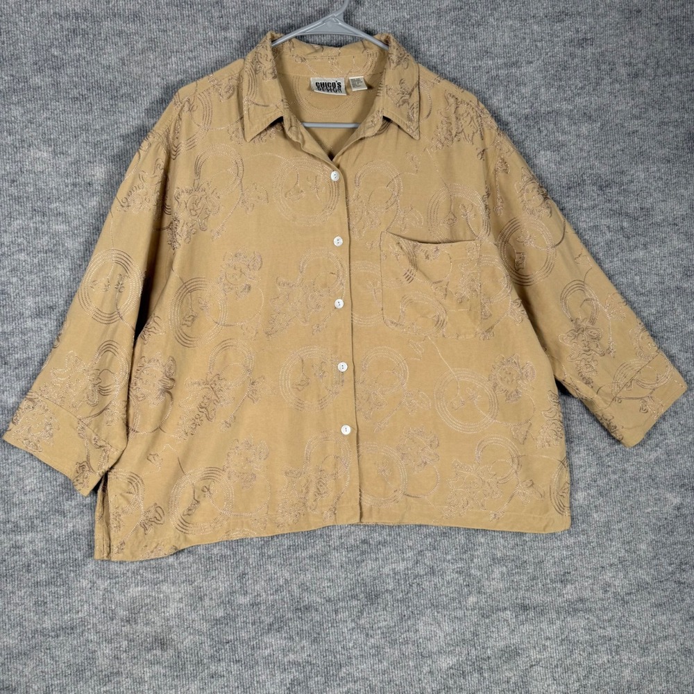 Vintage Chicos Design Size-3 Womens 100% Silk Embroidered Button Down Shirt Tan